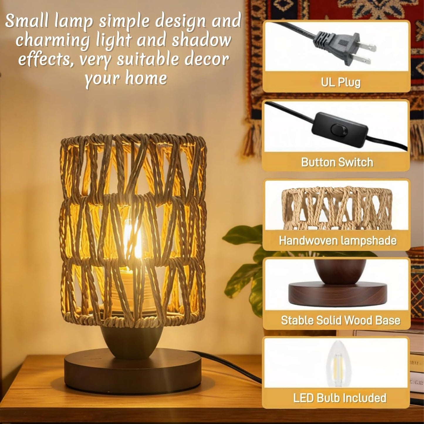 Lámpara mesa ratán bohemio LED cálida