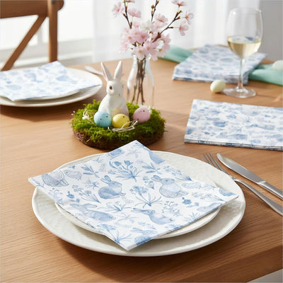 Servilletas de papel Pascua azul y blanco con diseño floral y conejo Chinoiserie