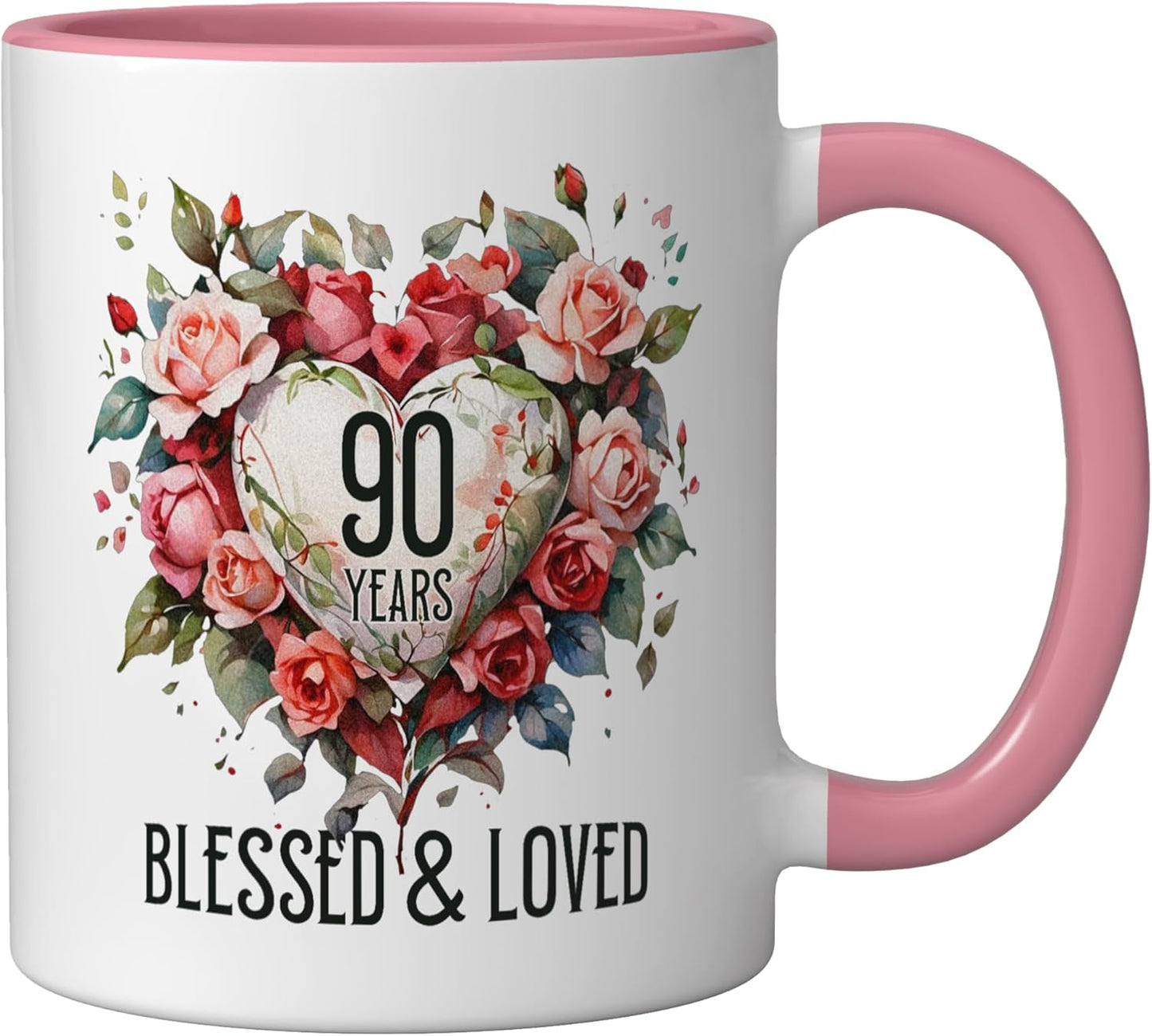 Taza de cerámica con flor de rosa corazón 90 años