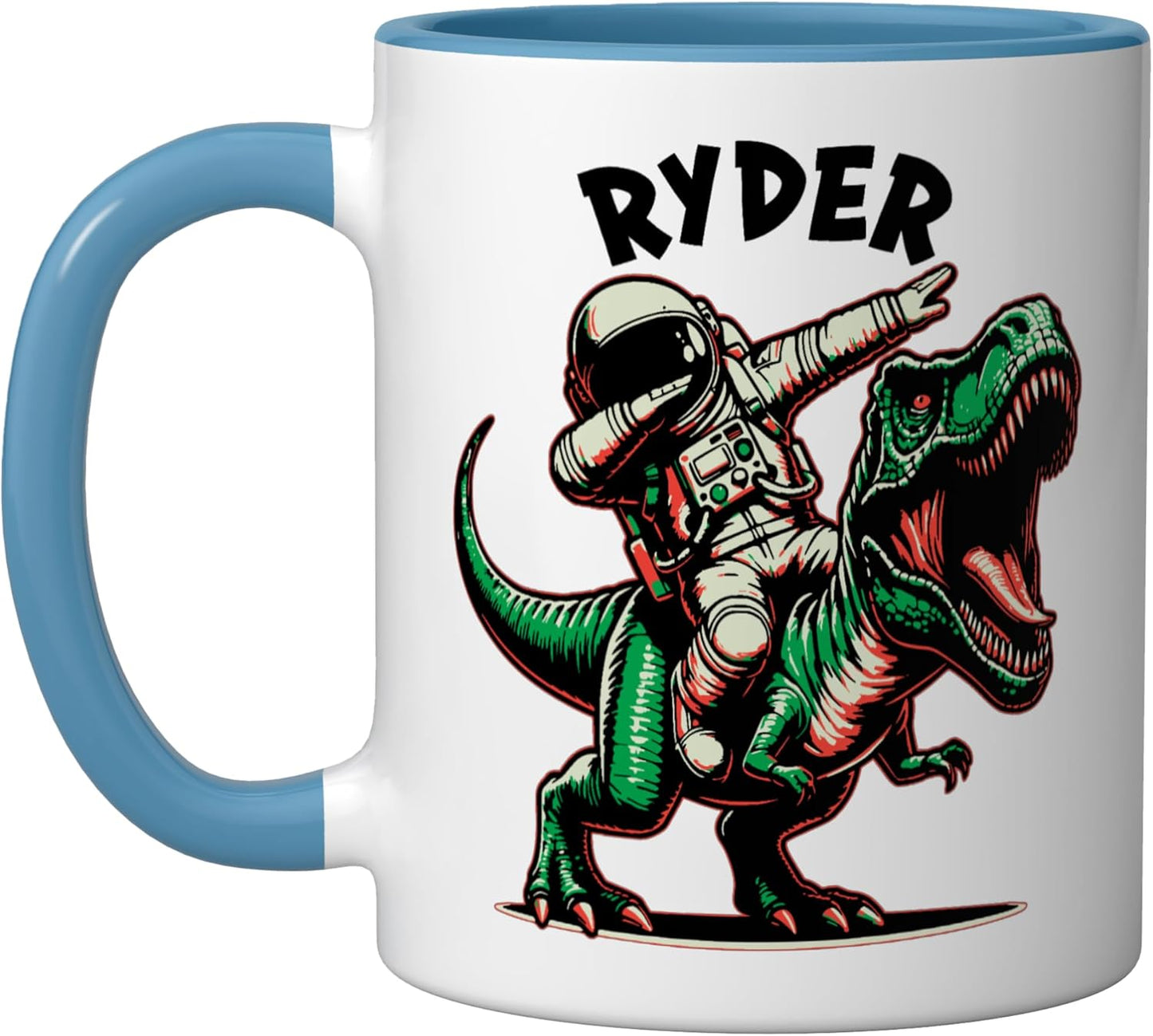 Taza Cerámica Astronauta Dinosaurio Azul Blanco