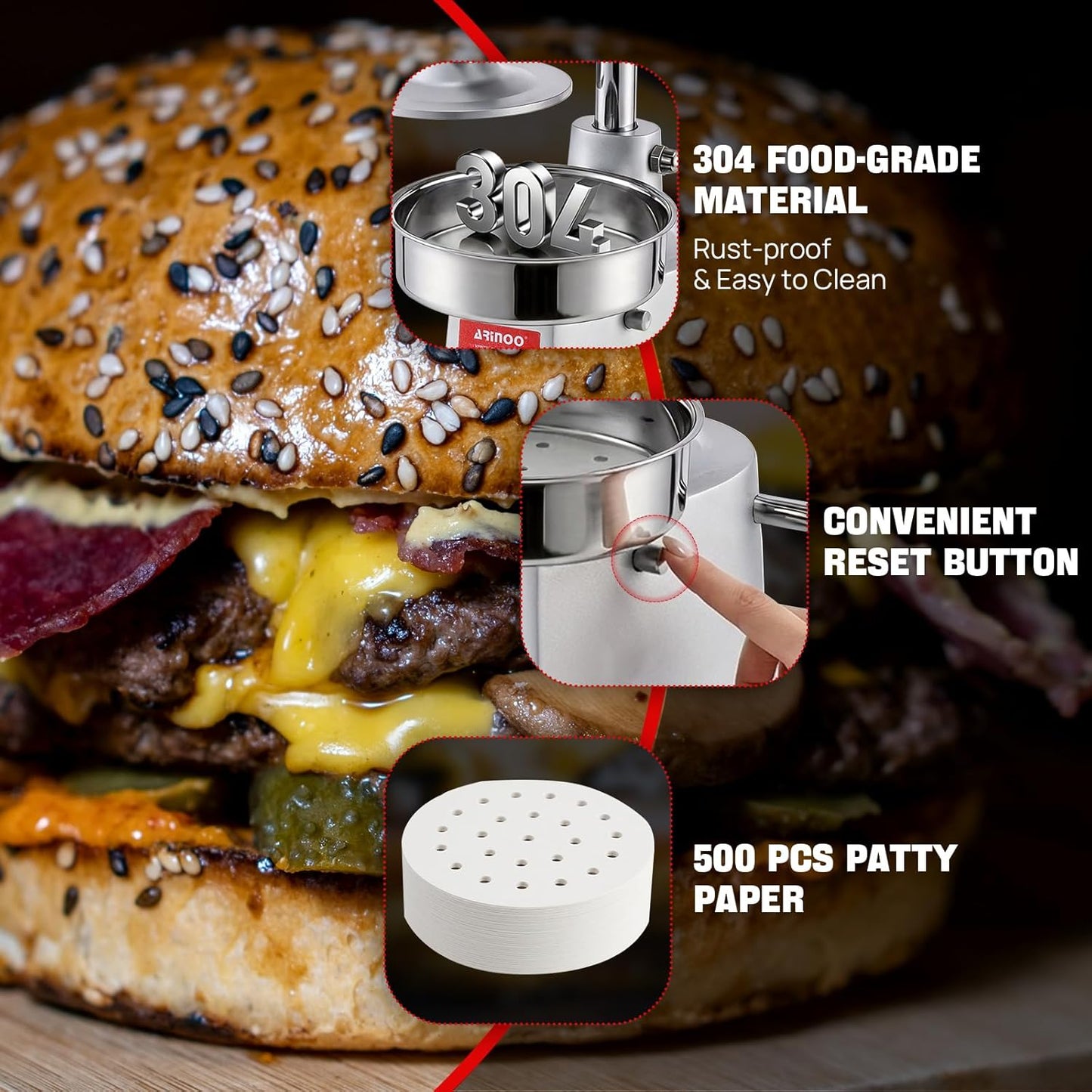Prensa Hamburguesa Acero Inox 5pulg Con 500 Papeles