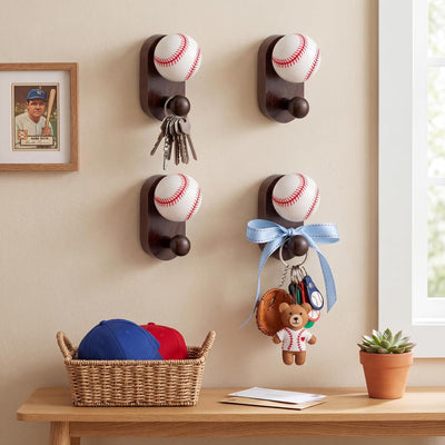 4 Ganchos Béisbol Retro 3D Madera Colgador Toalla