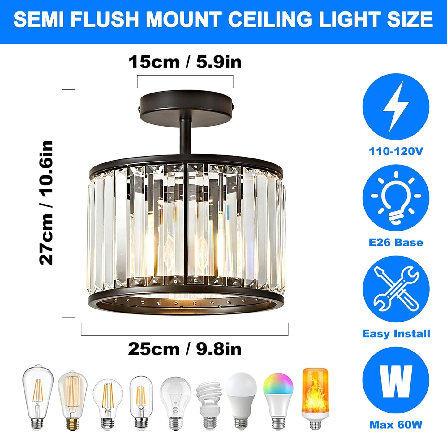 Lámpara techo cristal redonda negra 9.8pulg E26