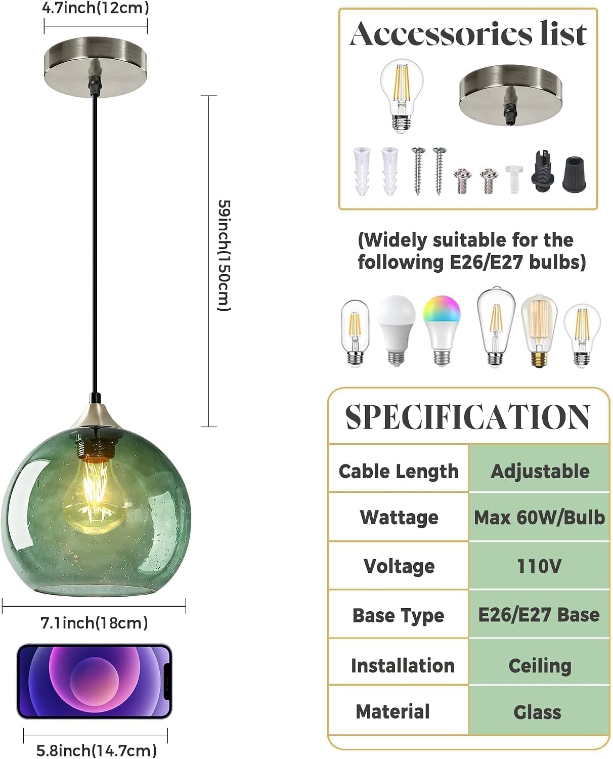 Lámpara colgante cristal isla cocina LED cable ajustable