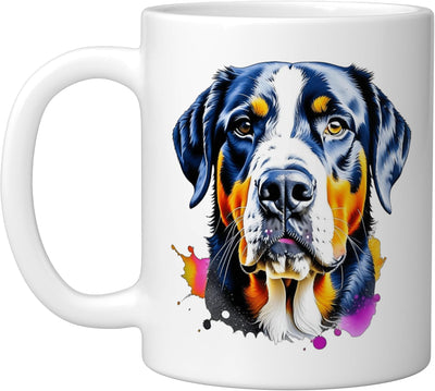 Taza cerámica estilo pop art y splash art perro suizo blanco