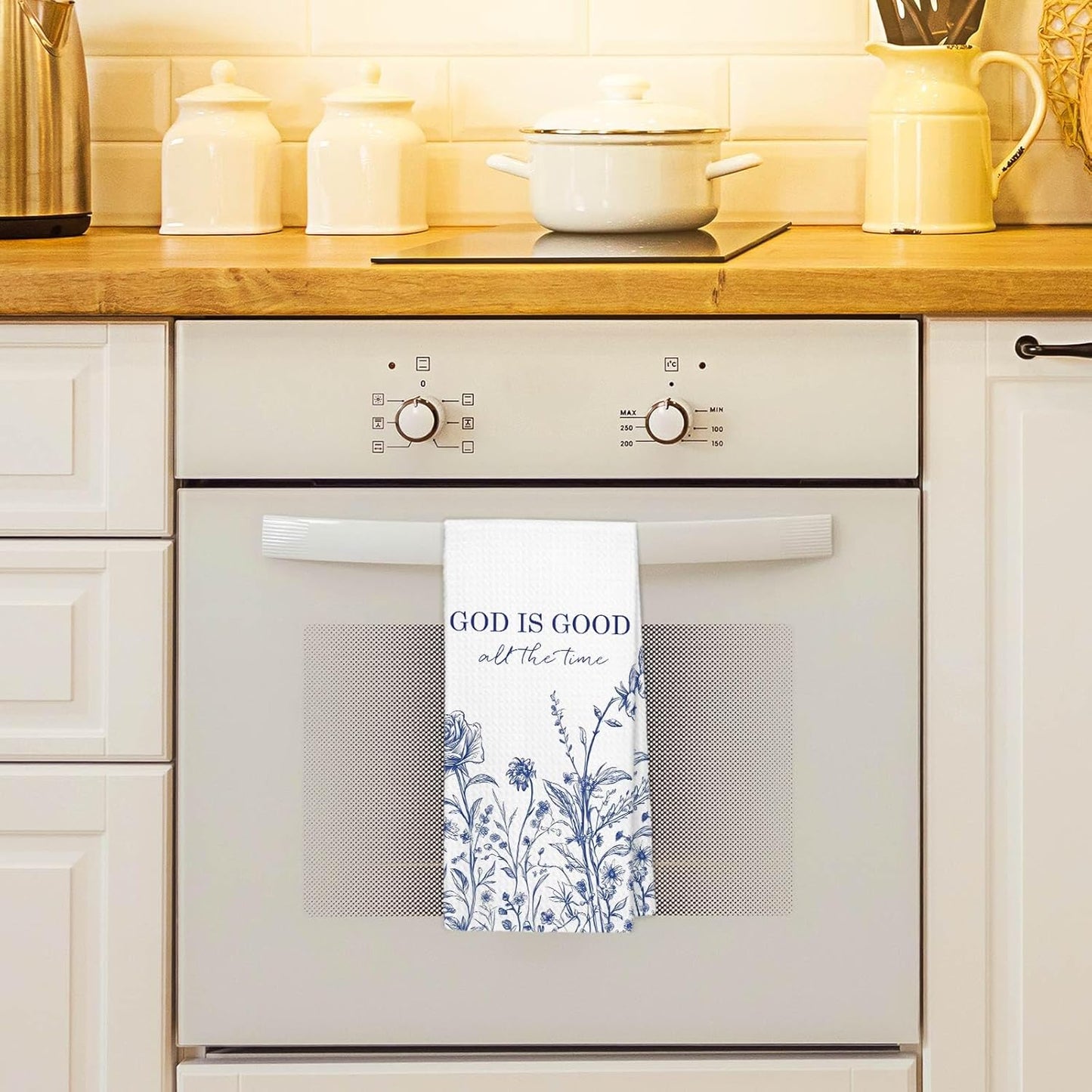 Toallas de cocina con diseño floral cristiano azul y versículo bíblico
