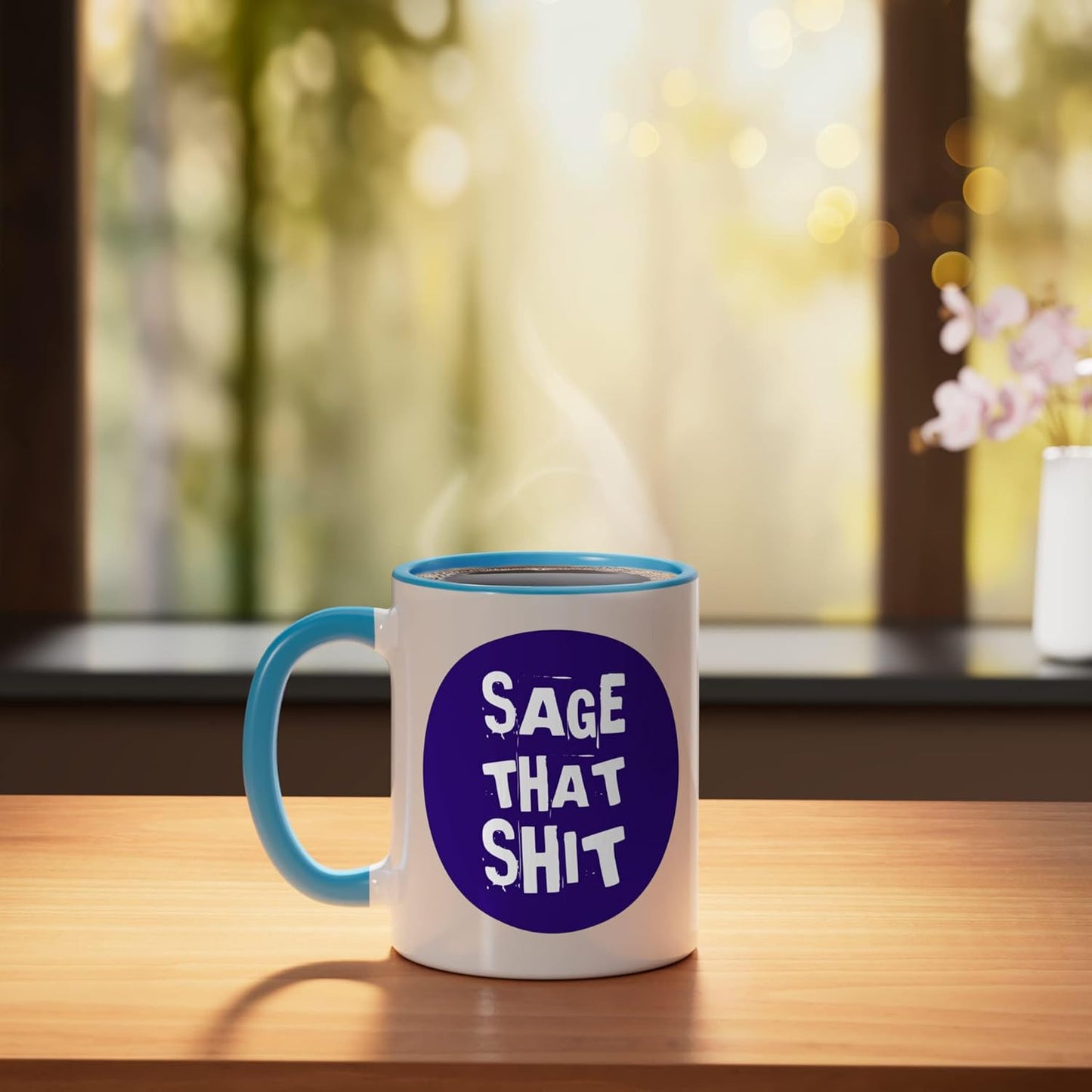 Taza cerámica wicca humorística azul/blanco