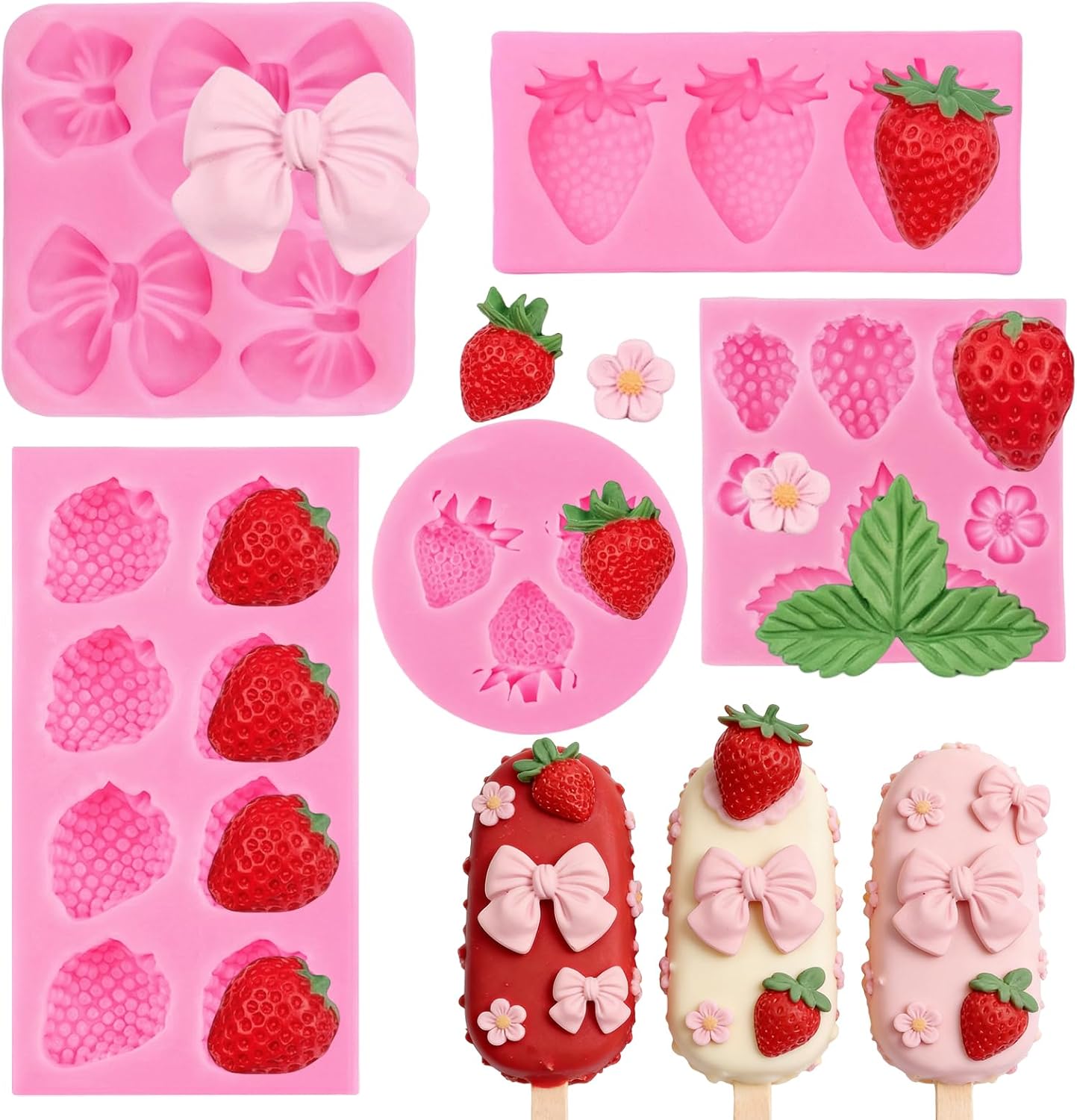 5 Moldes Silicona 3D Fondant Fresa para Chocolate Dulces Cupcakes
