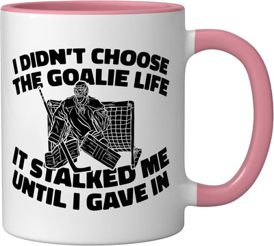 Taza cerámica para portero de hockey sobre hielo rosa/blanca