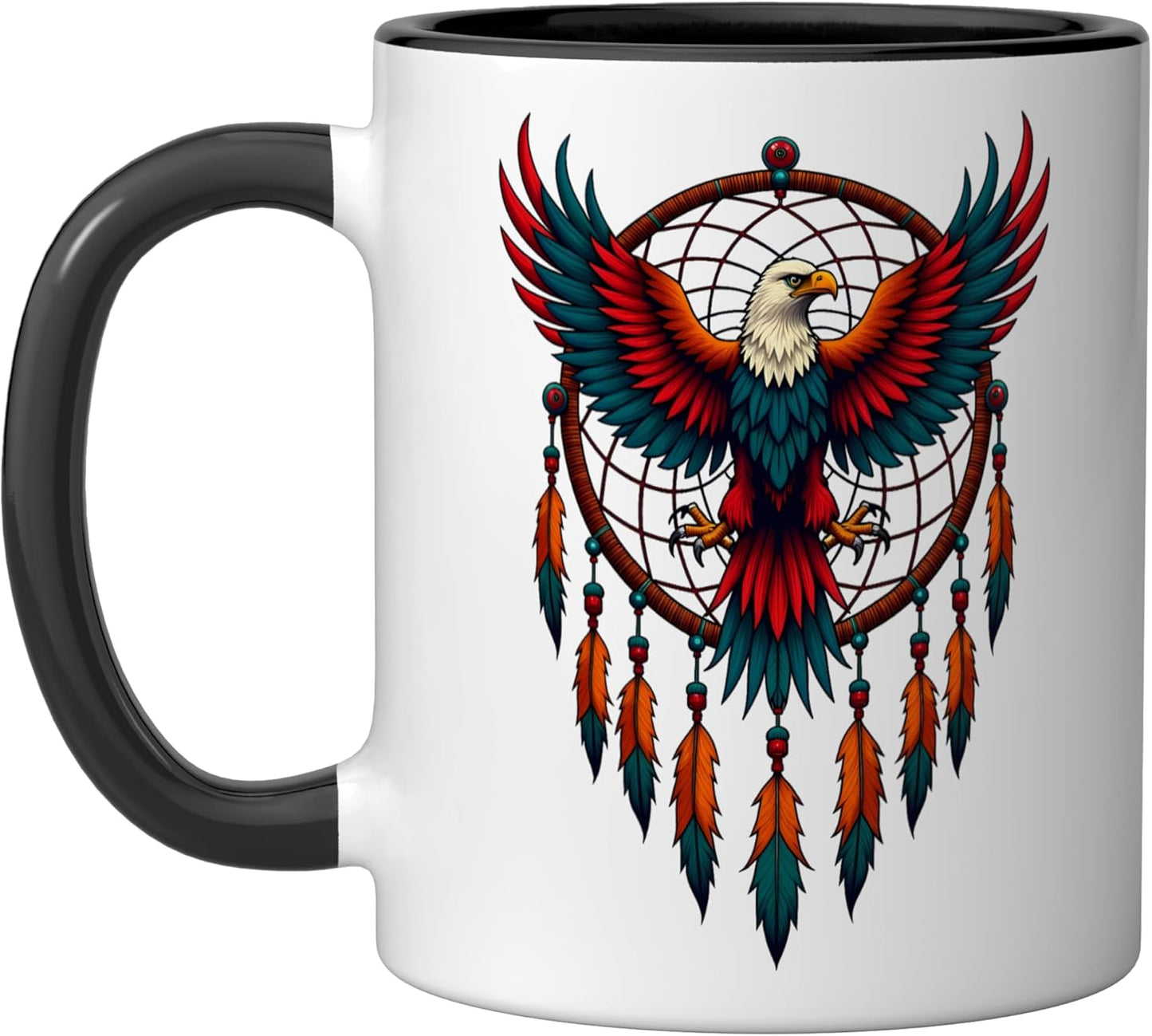 Taza cerámica Eagle Dreamcatcher con plumas nativas estilo americano negro/blanco