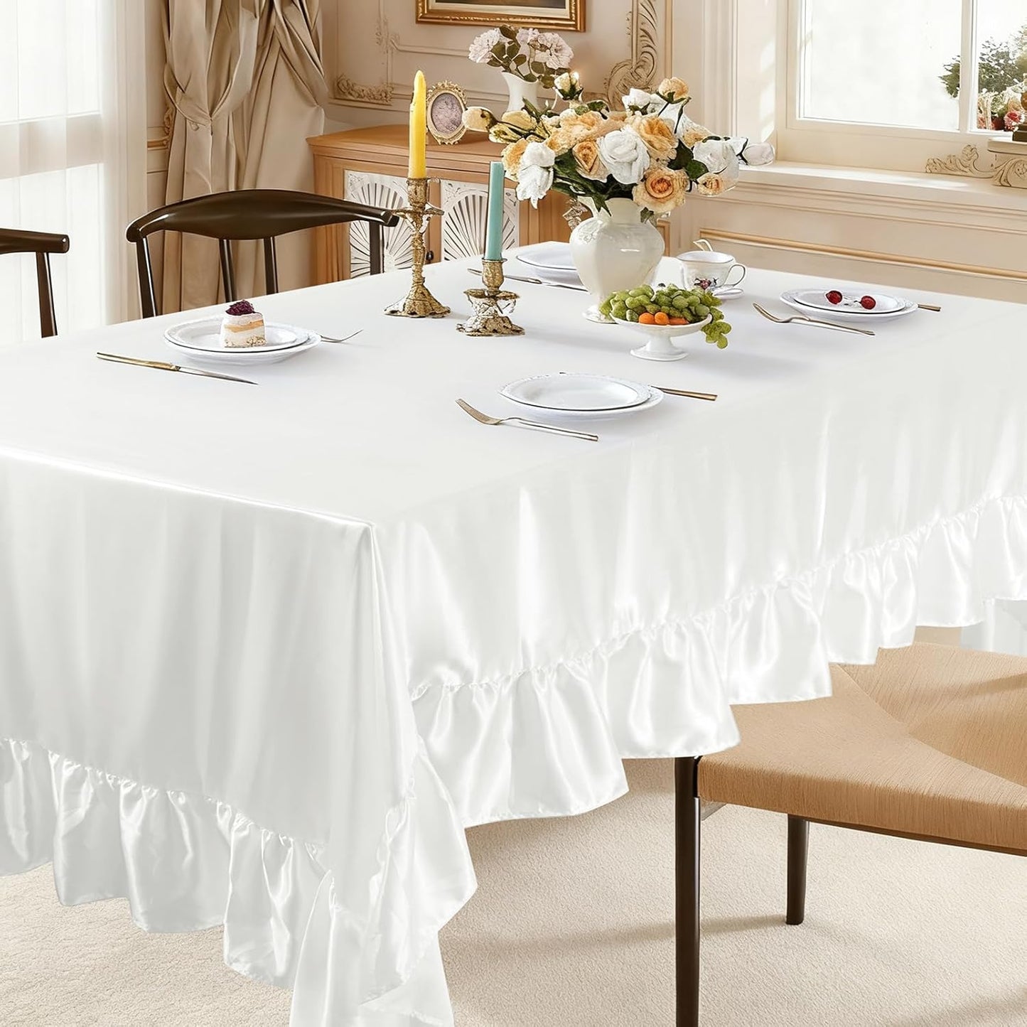 4 Pzas Mantel Satén Blanco 60x102pulg Rectangular Festoneado
