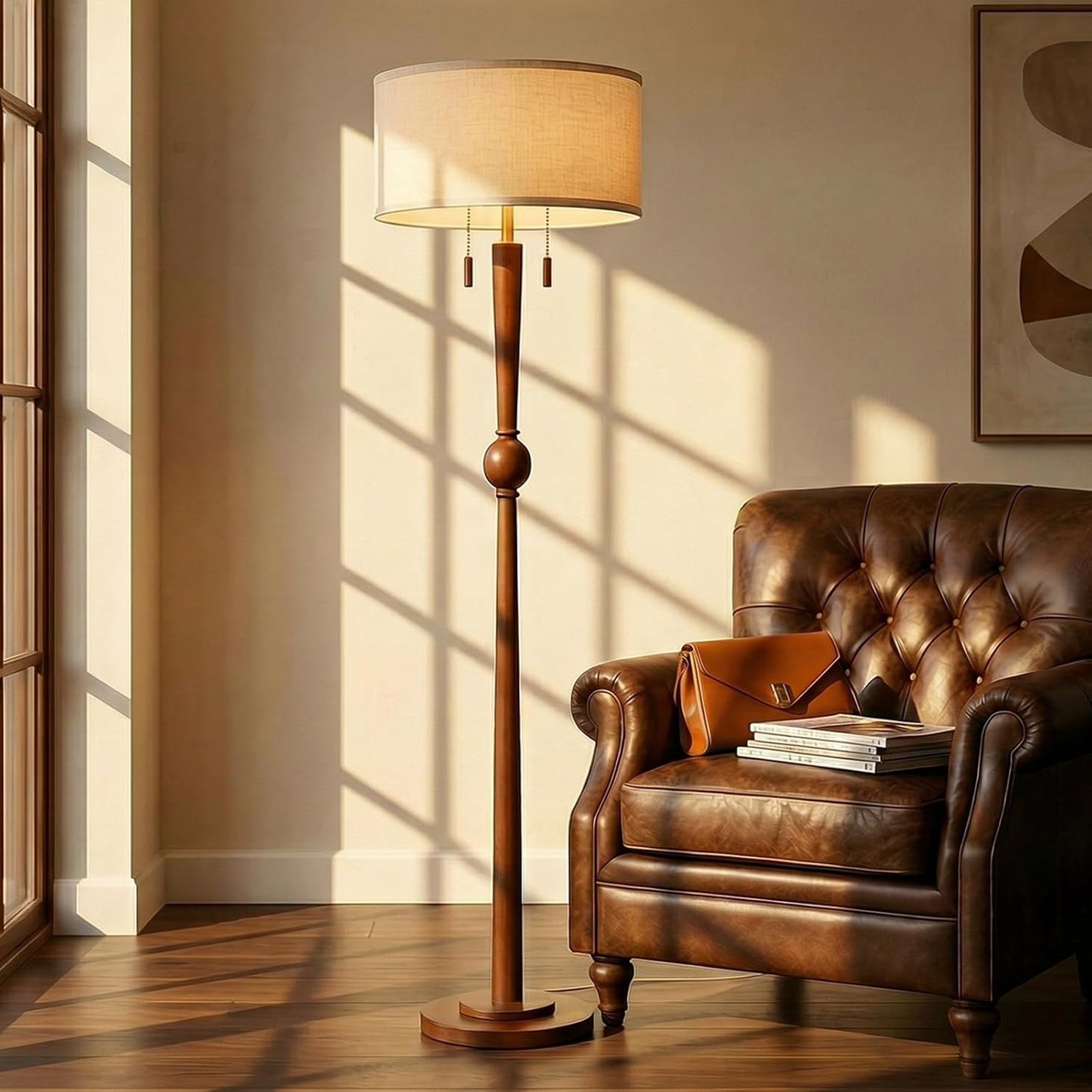 Lámpara pie madera 62.8pulg 2 luces pantalla lino 17pulg