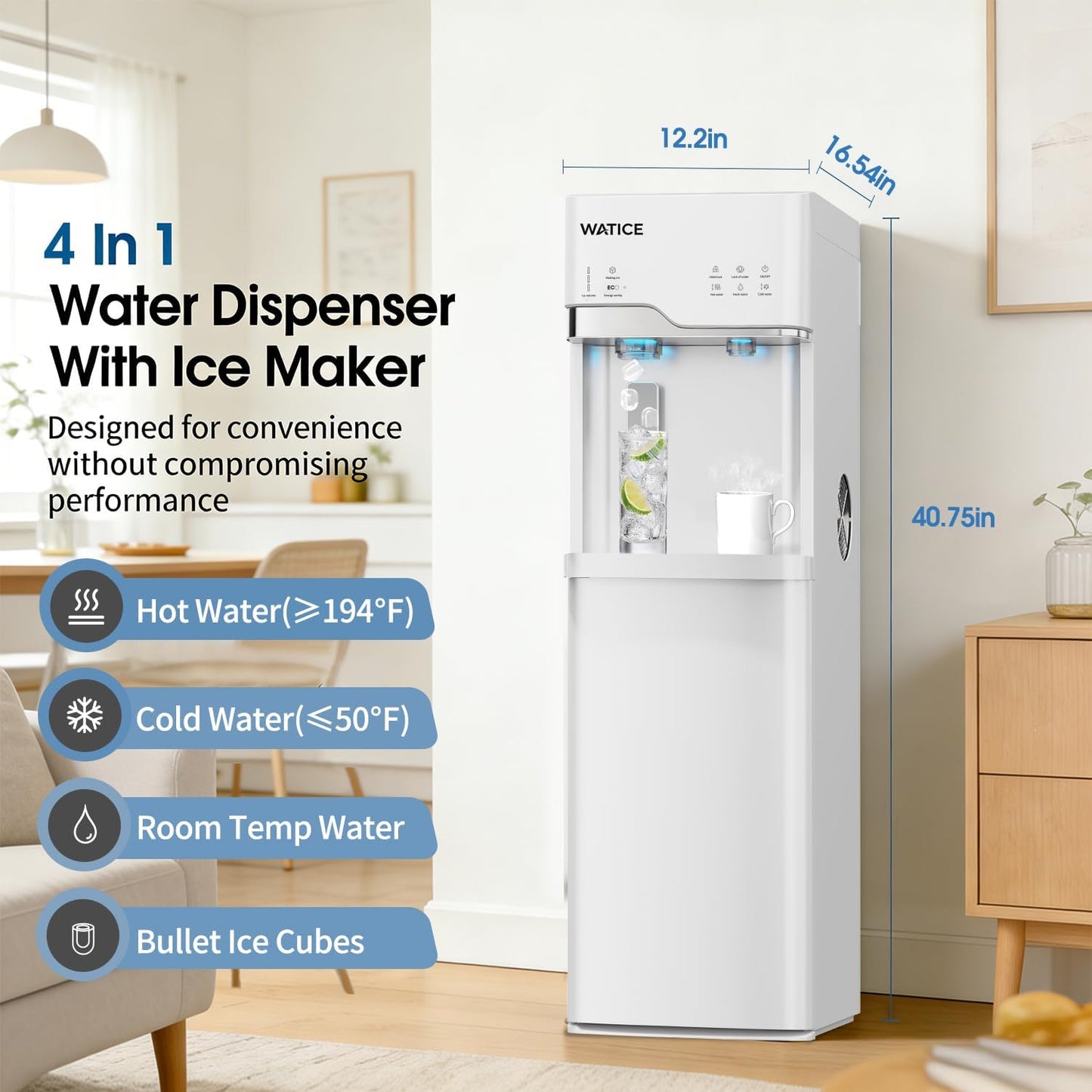 Dispensador agua autolimpiante con hielera y luz nocturna