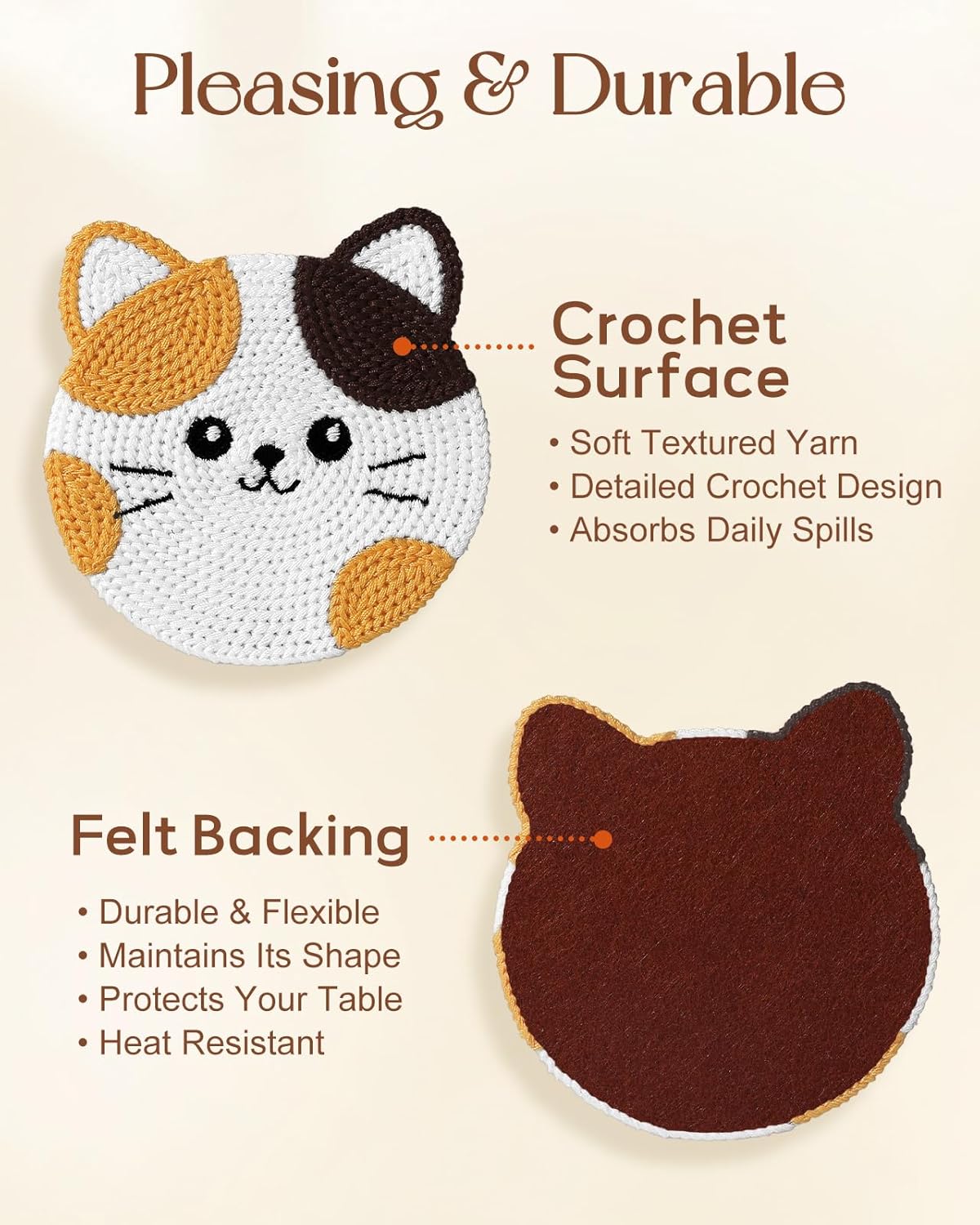 Posavasos tejidos con cara de gato, decoración creativa para mesa de café