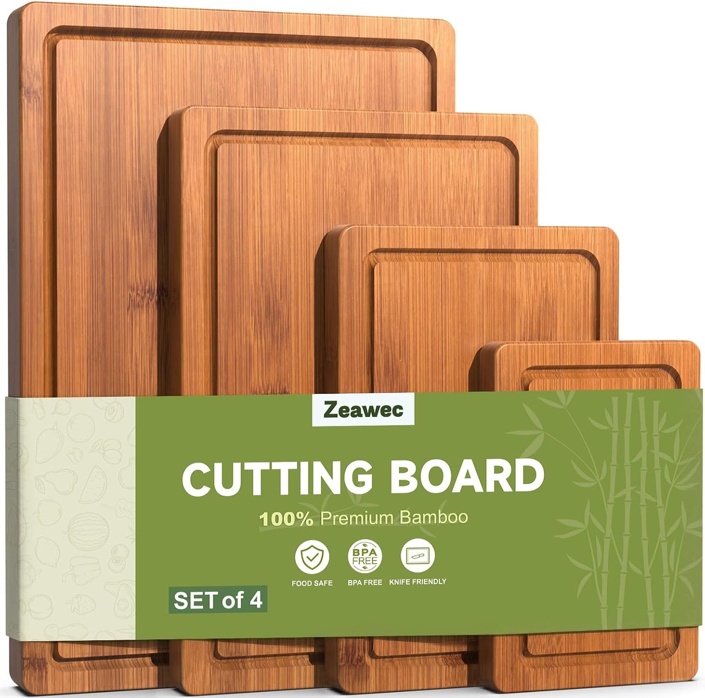 Juego de 4 tablas de cortar de bambú y madera resistente con ranuras para jugos y bloque de carnicero