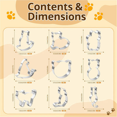 Juego de 9 cortadores de galletas de acero inoxidable para gatos