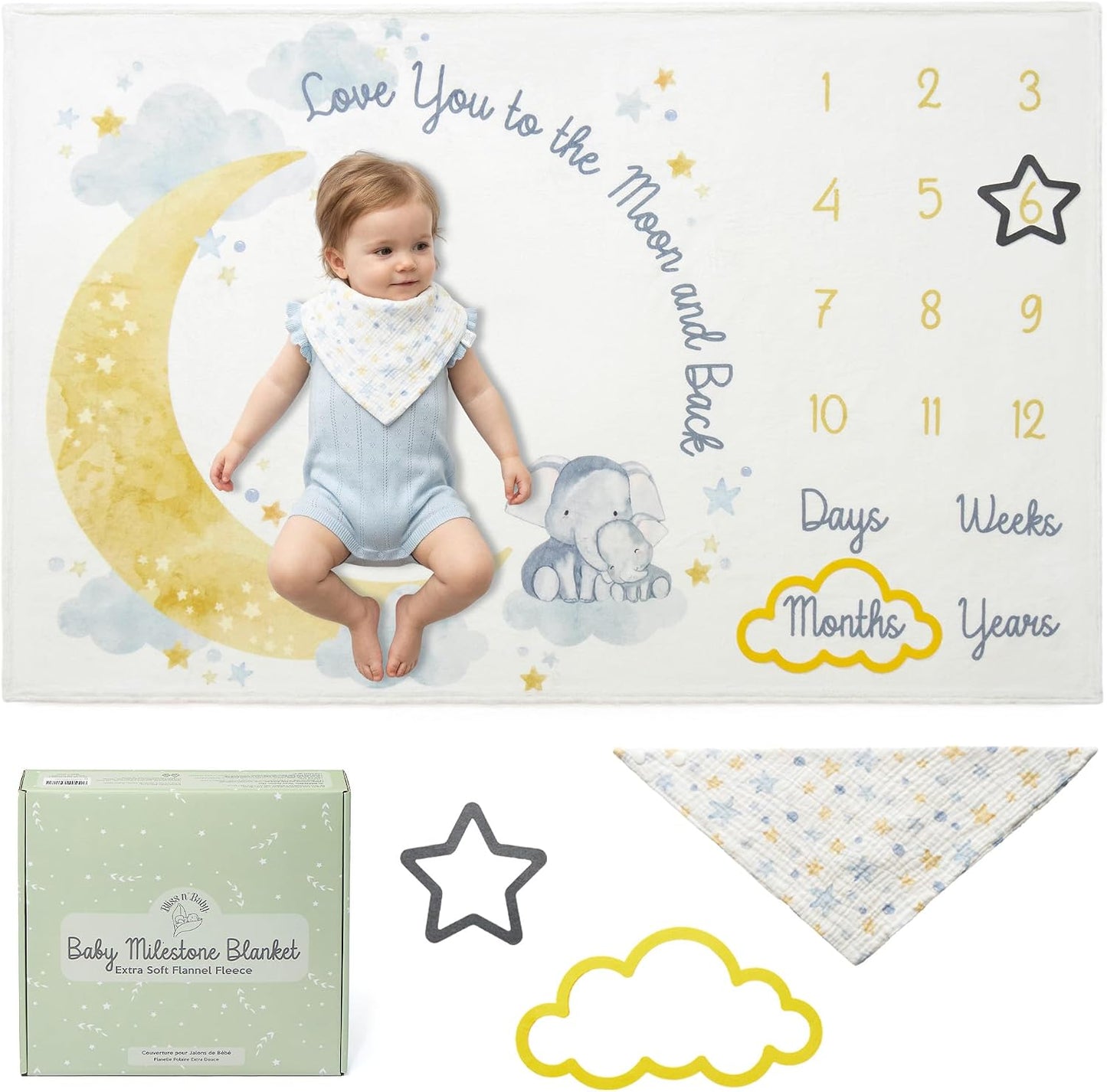 Manta bebé luna estrellas 60x40pulg con tabla crecimiento