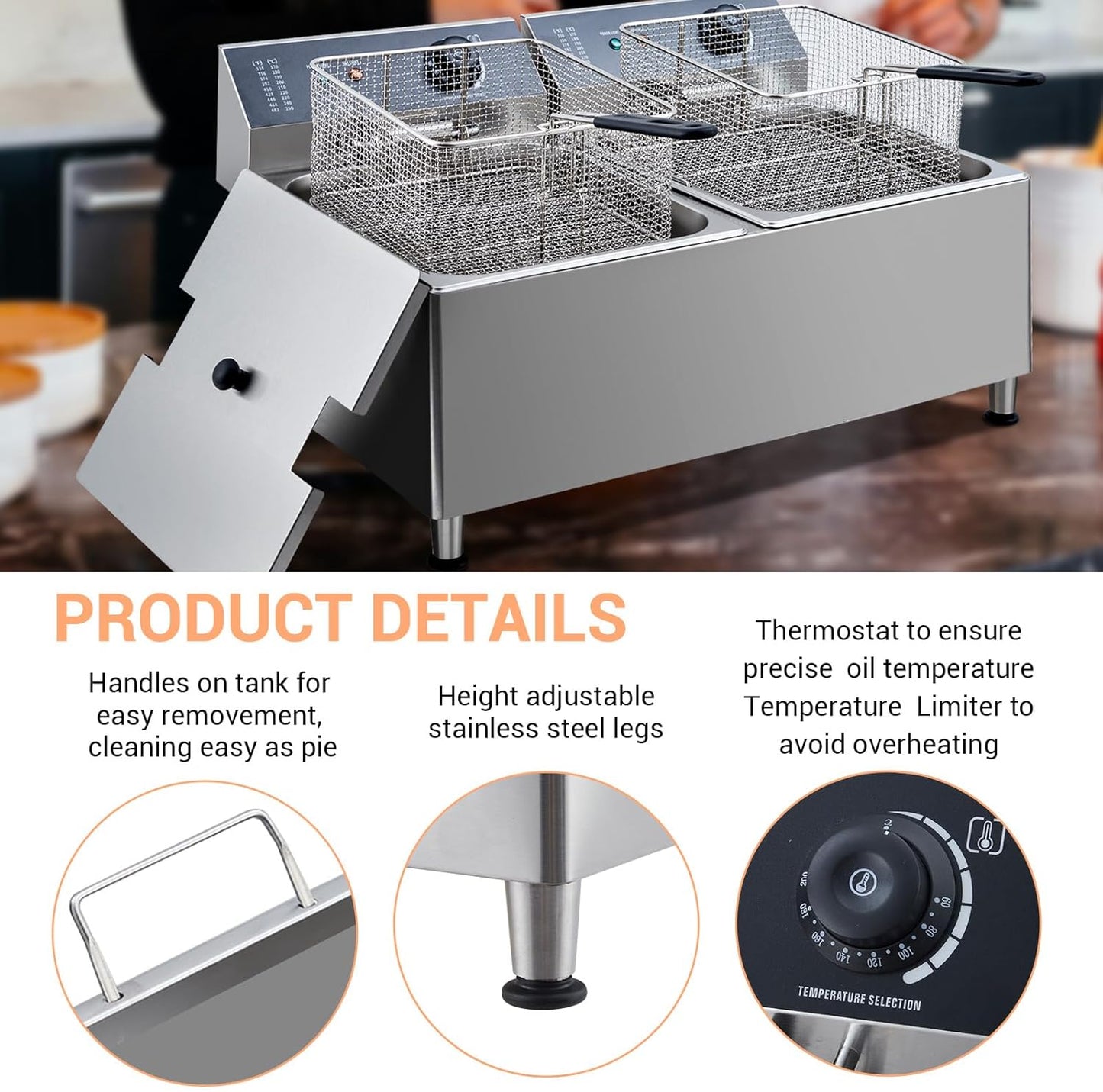 Freidora eléctrica acero inox 11L 1700W termostato ajustable