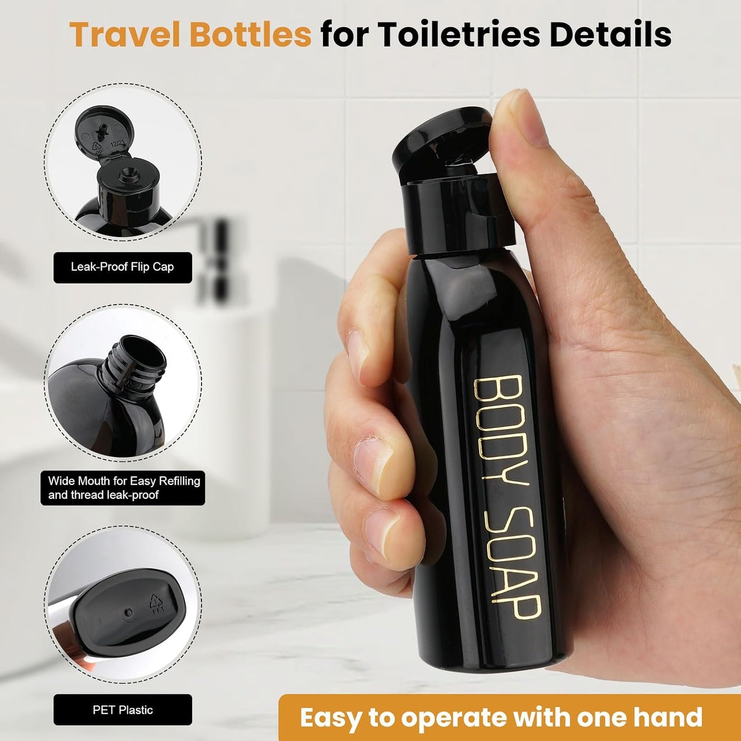 Botellas viaje TSA aprobadas 3.4oz plástico con tapa abatible negro