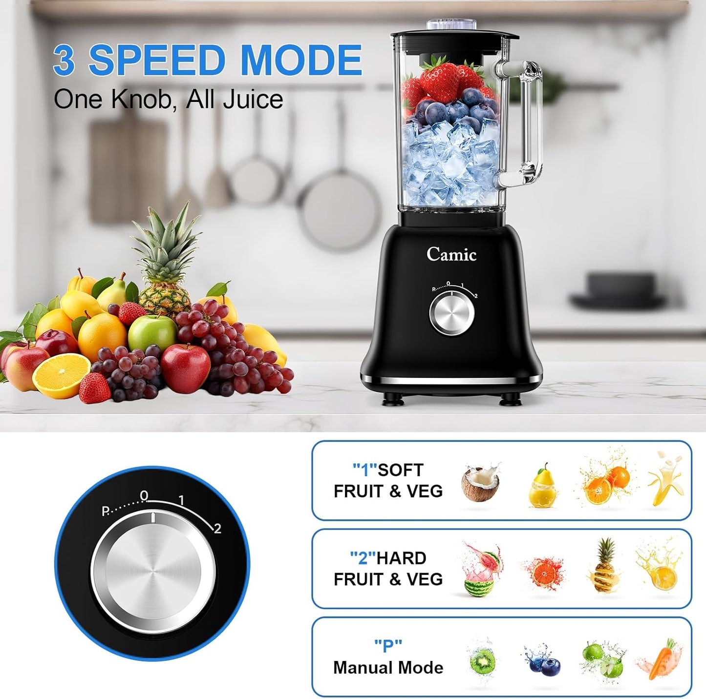 Batidora Vidrio 750W Procesador Alimentos Sin BPA Negro