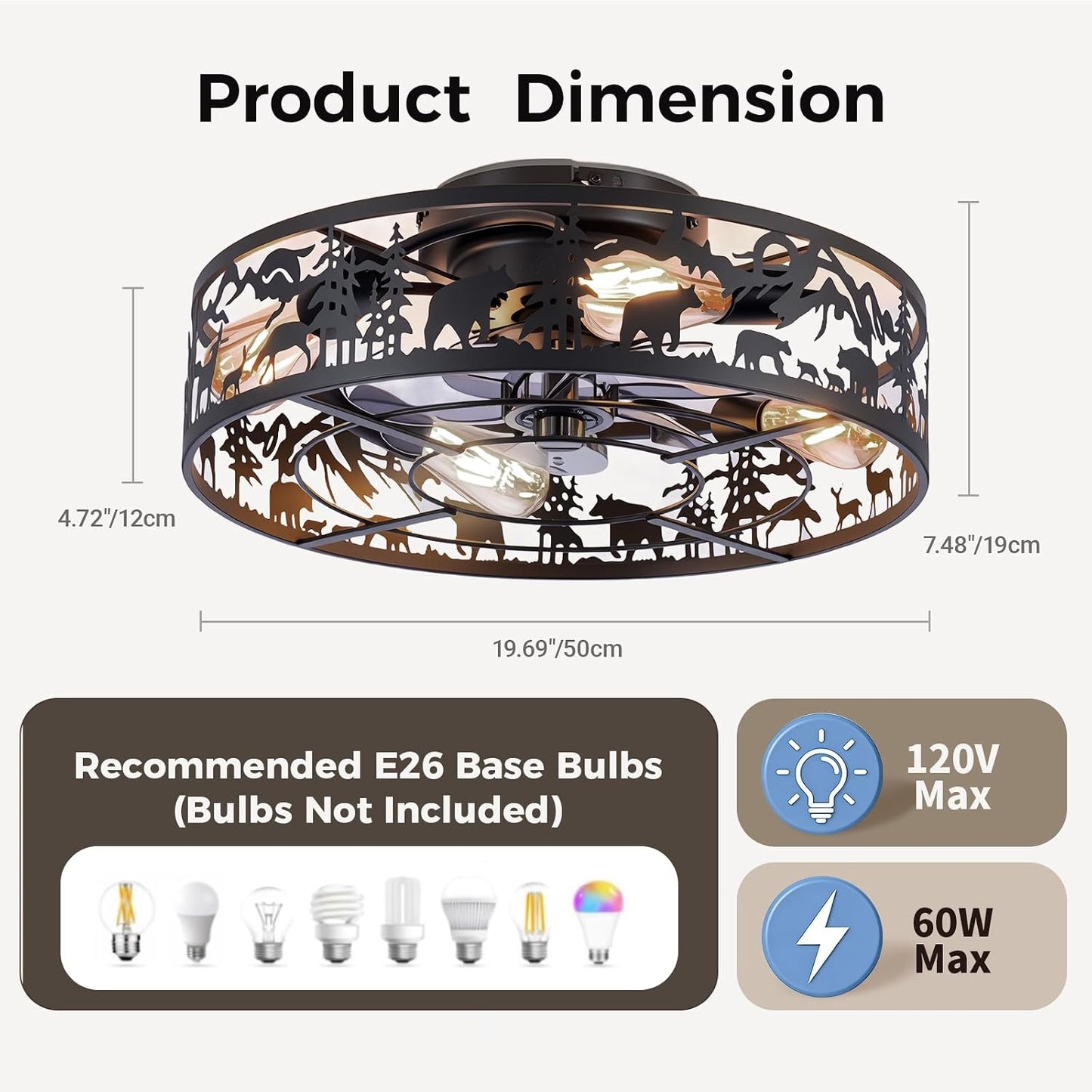 Ventilador techo estilo oso ciervo motor CC 6 vel luz control remoto