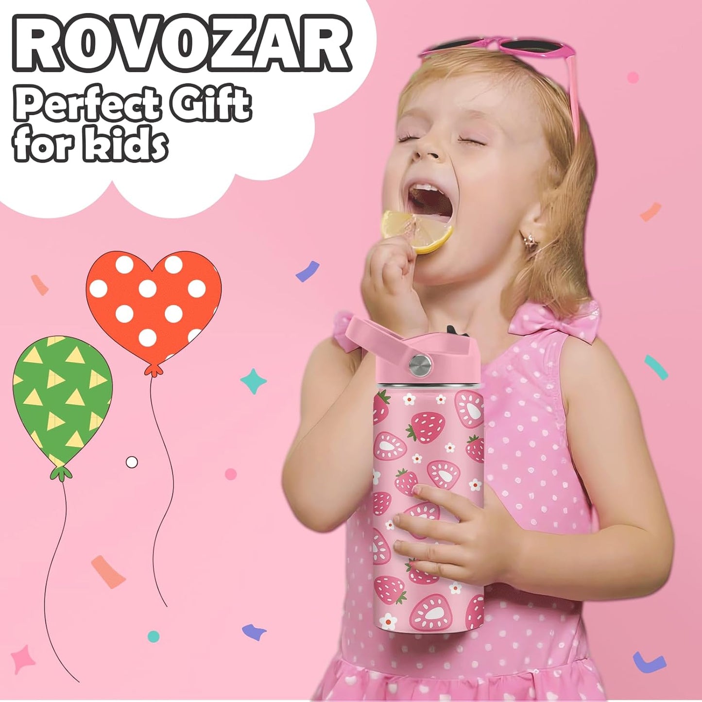Taza aislada de fresa para niños de acero inoxidable rosa