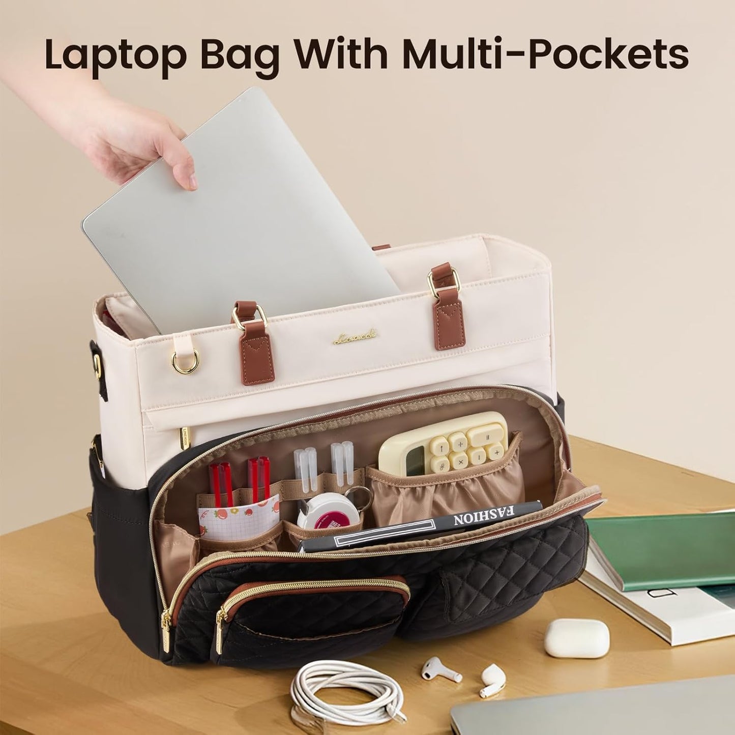 Bolsa almuerzo mujer soporte taza comp laptop 17.3pulg negra