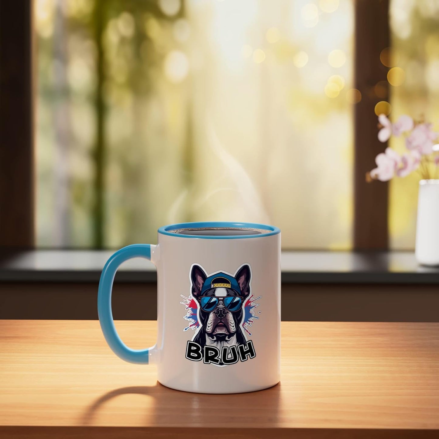 Taza Cerámica Bruh Sarcastica Perros Boston Terrier Azul Blanco