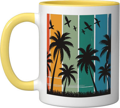 Taza cerámica retro amarillo/blanco con palma y atardecer