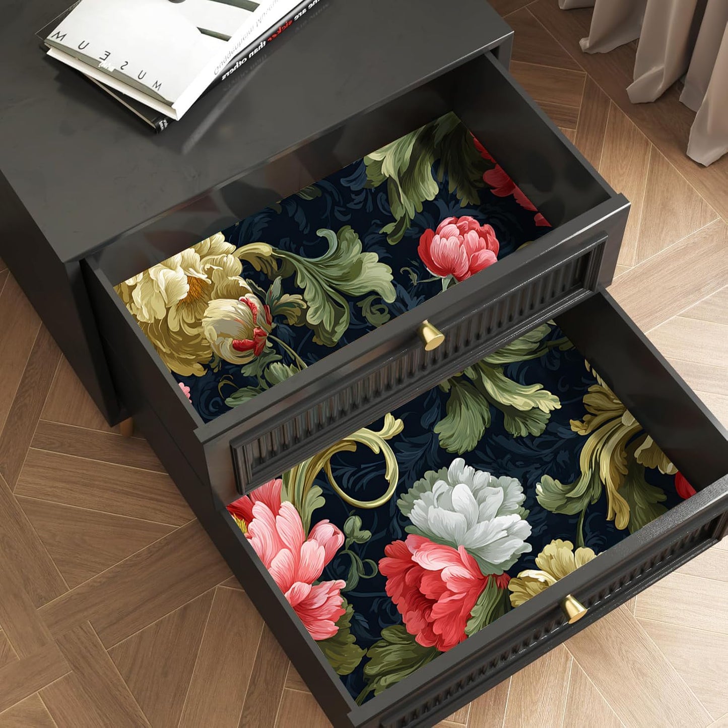Papel tapiz floral peonía azul oscuro flores rojas