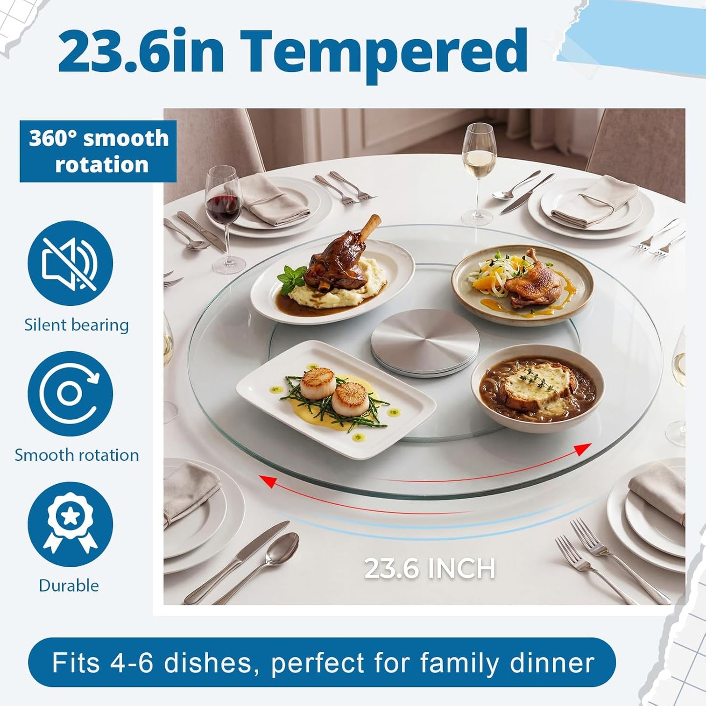 Bandeja giratoria vidrio templado redonda 23.6pulg doble capa