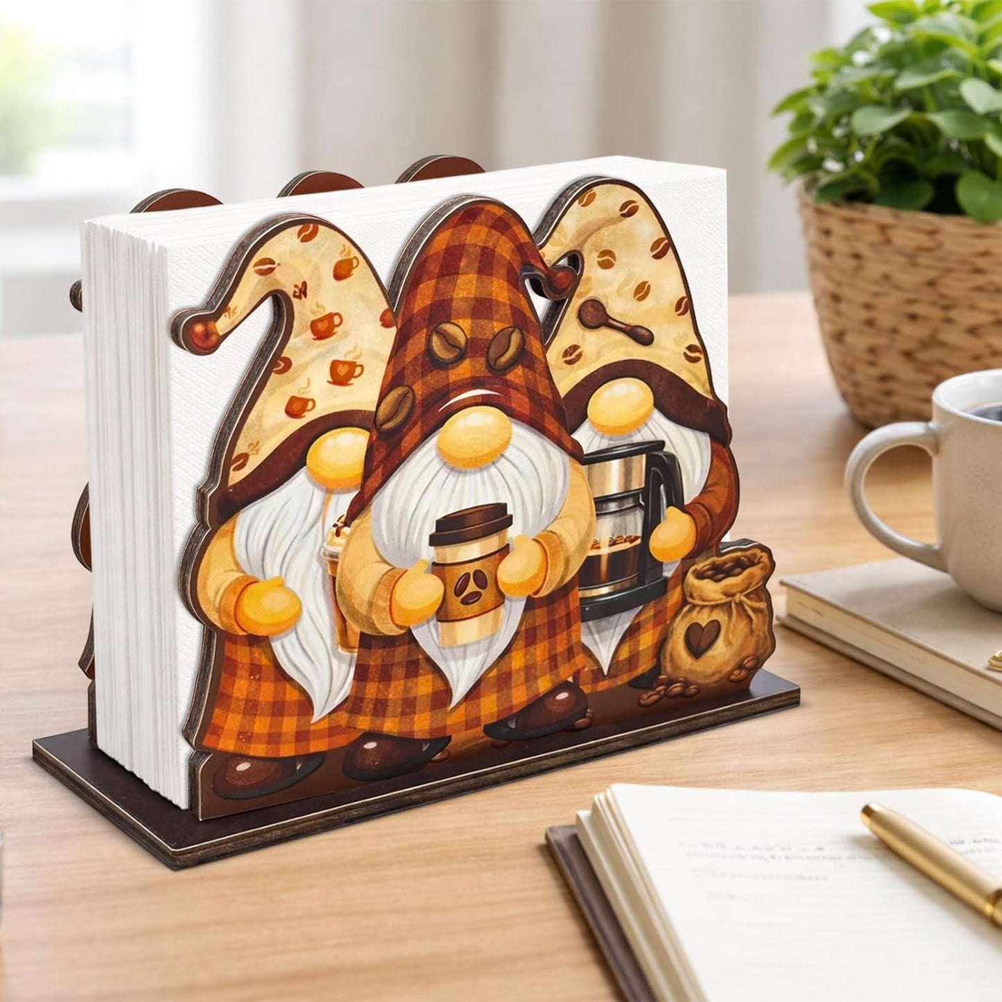 Servilletero de madera con gnomos de café para decorar mesa y cocina