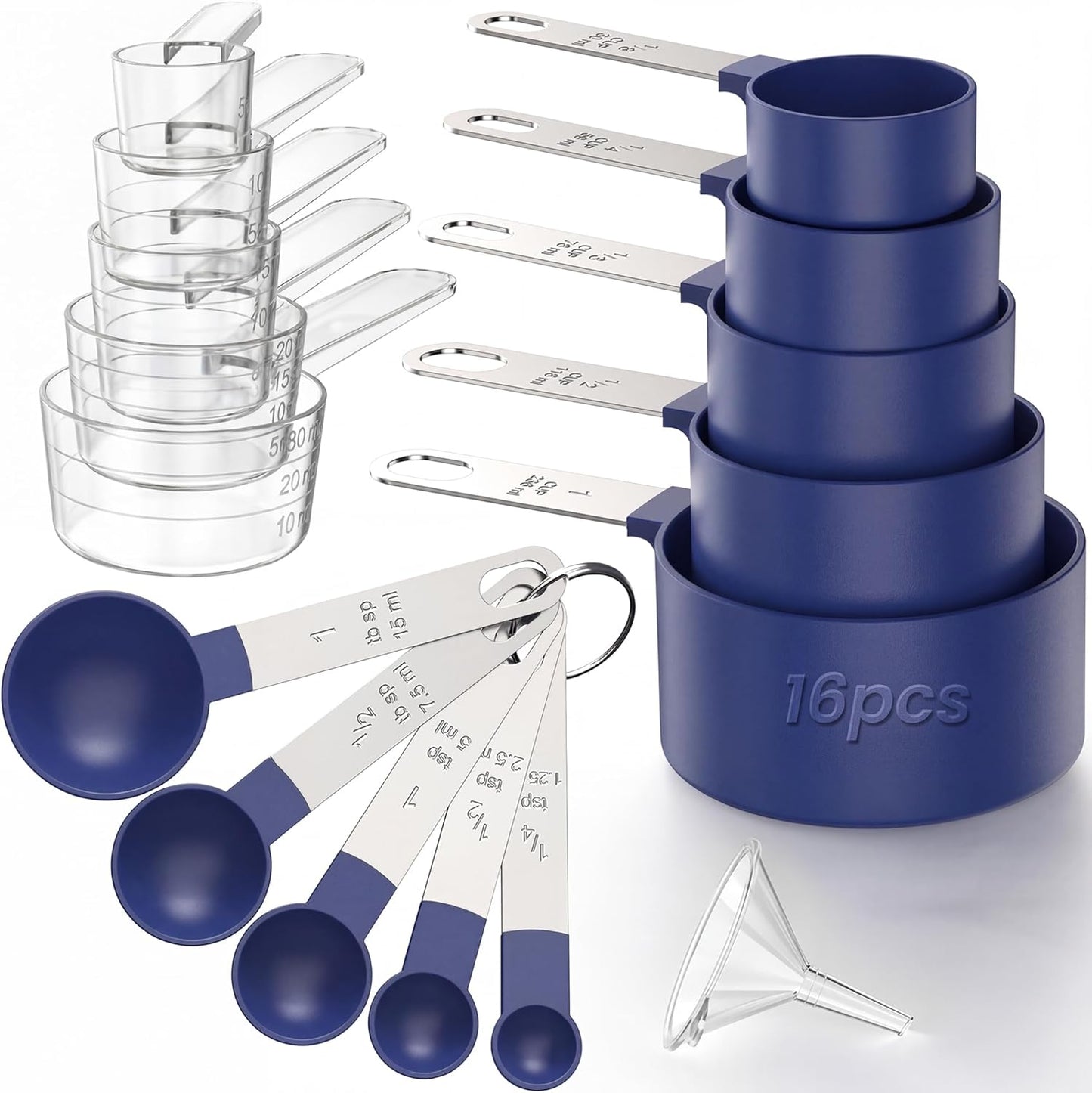 Juego de 16 tazas y cucharas medidoras azules con medidas métricas y estadounidenses