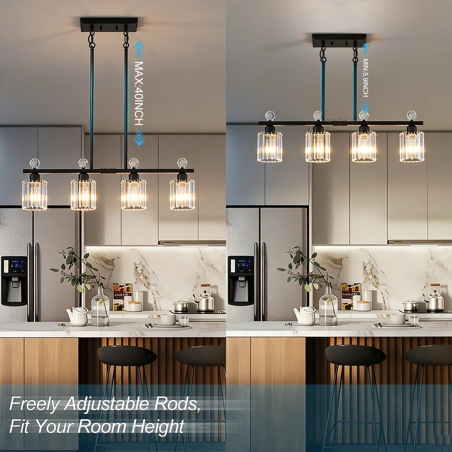 Lámpara comedor luces colgantes cristal 4 luces negro