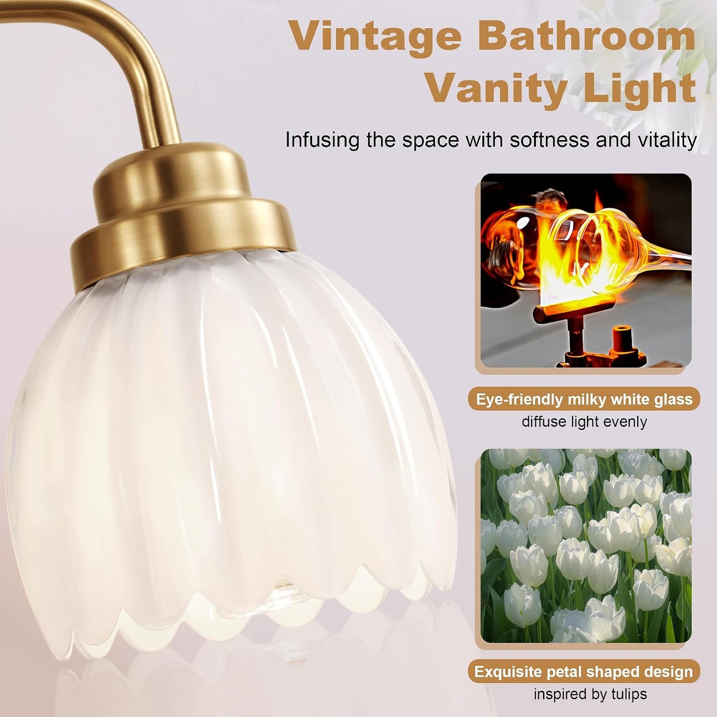 Lámpara baño dorada 3 luces tocador pantalla tulipán blanco leche