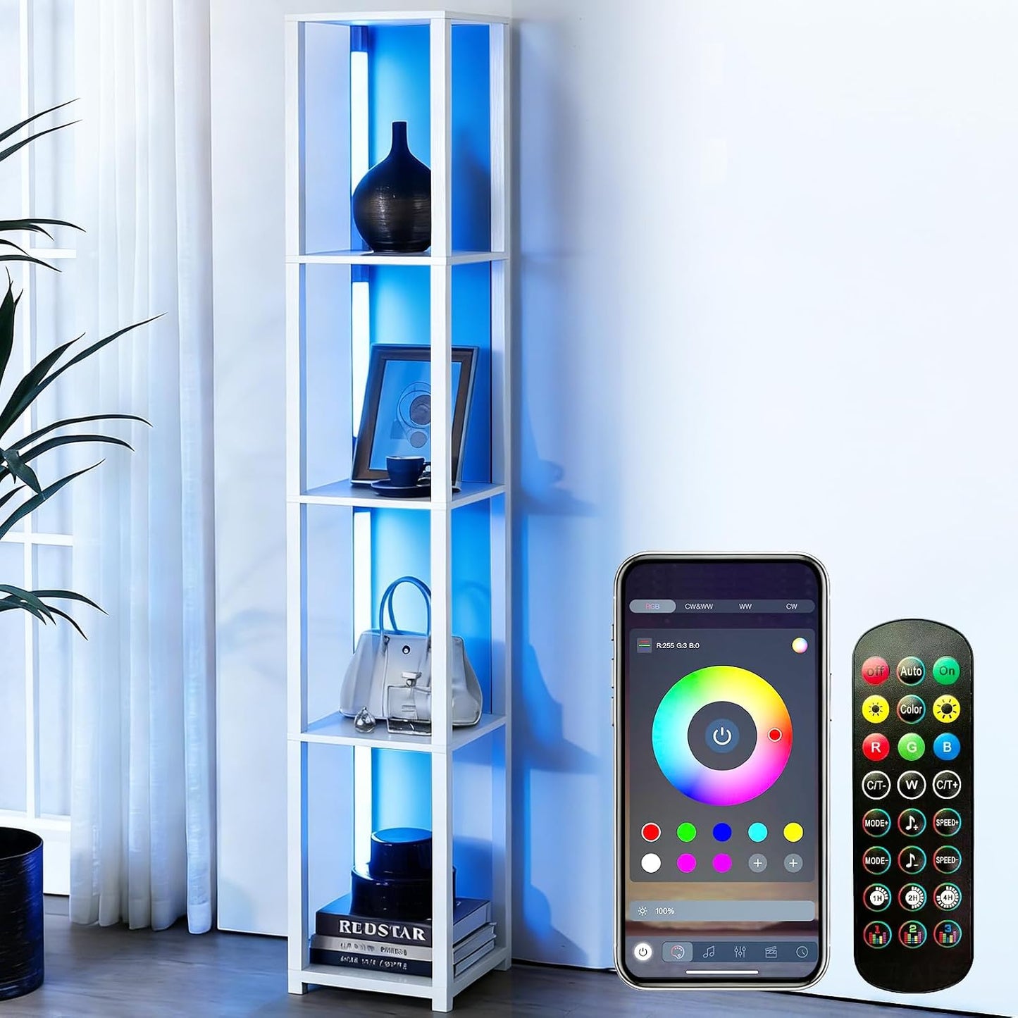 Lámpara pie LED RGB con estantes sala dormitorio oficina blanco