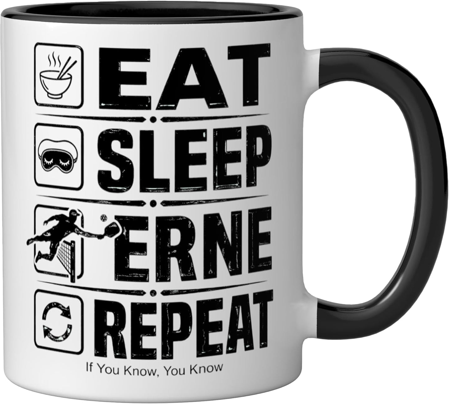 Taza de cerámica para pickleball Eat Sleep Erne Repeat negra/blanca