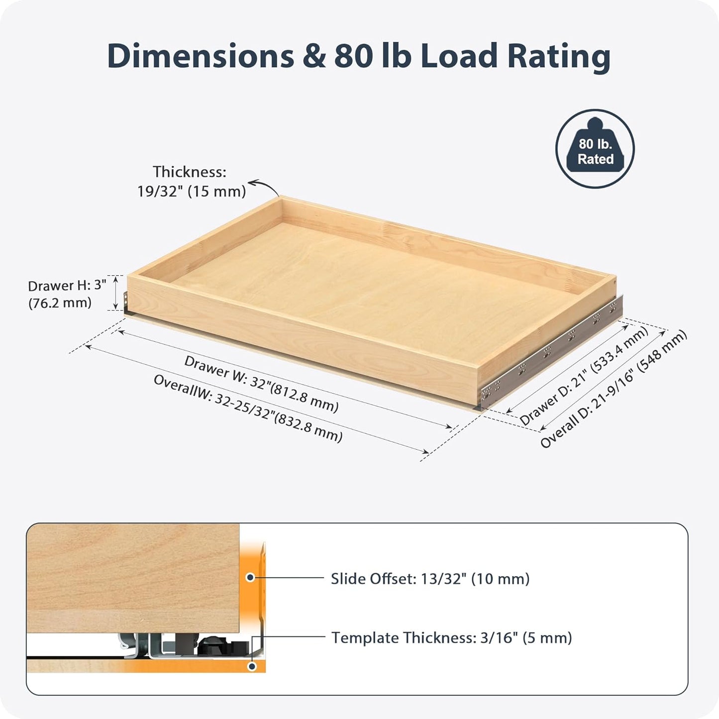 Cajones extraíbles madera abedul 32x21pulg estantes cocina