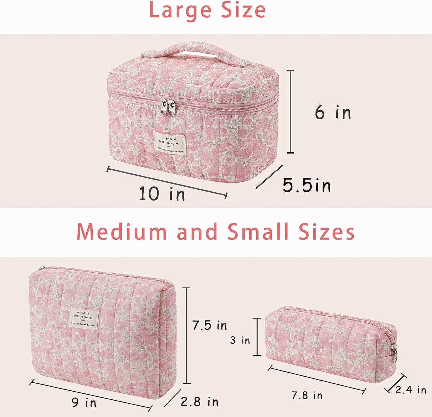 Bolsa maquillaje acolchada algodón floral 3pcs rosa