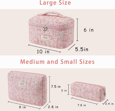 Bolsa maquillaje acolchada algodón floral 3pcs rosa