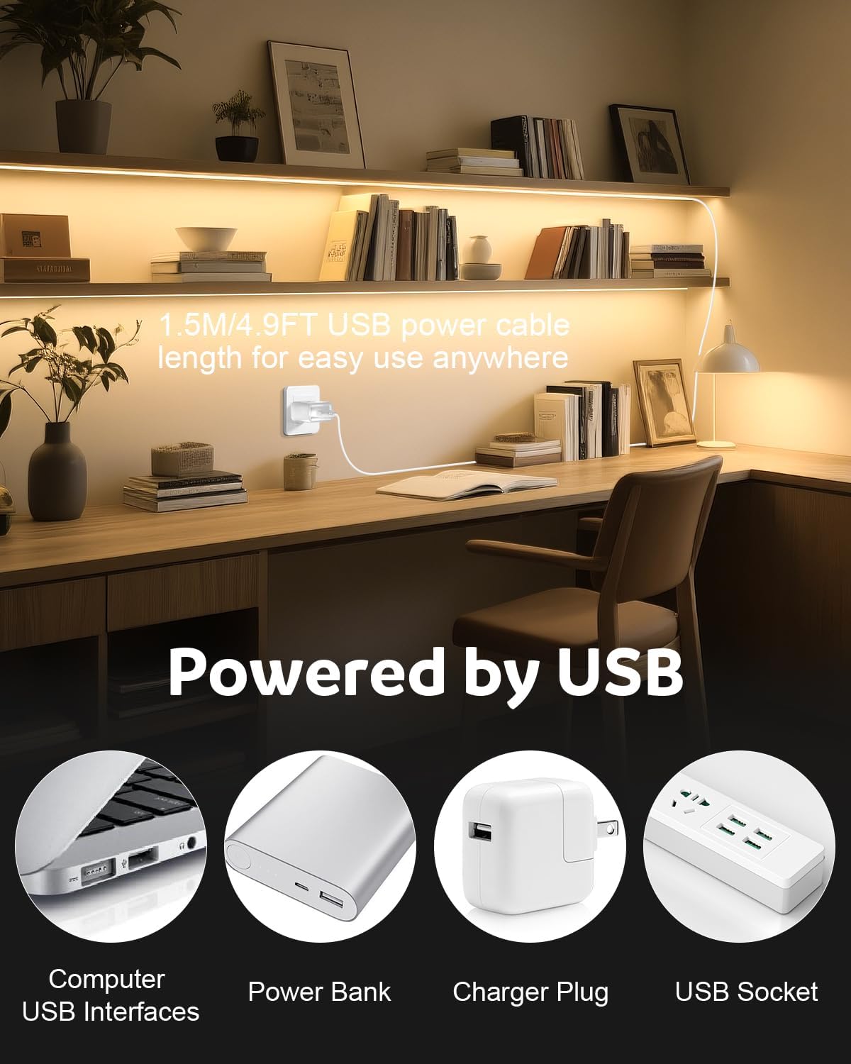 Tira luces LED 16.4pies blanco cálido 300LED regulable USB