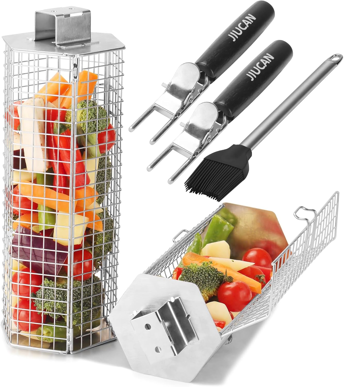 2 Pzas Cesta Parrilla Acero Inox Asas Madera Hexagonal