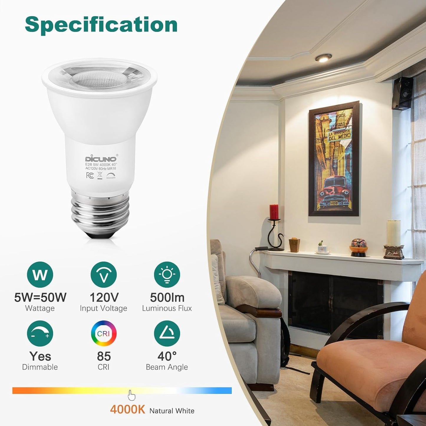 Bombilla LED PAR16 regulable cuello largo 5W 4000K E26 set 6