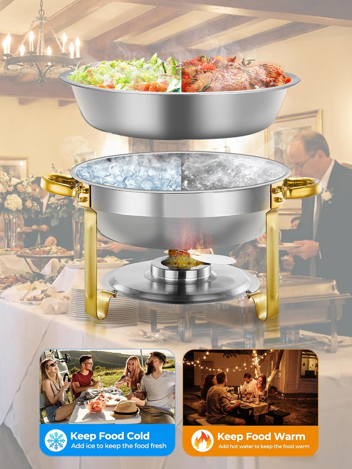 Set 4 Platos Bufé Acero Inox 6qt Redondos Dorado/Plata