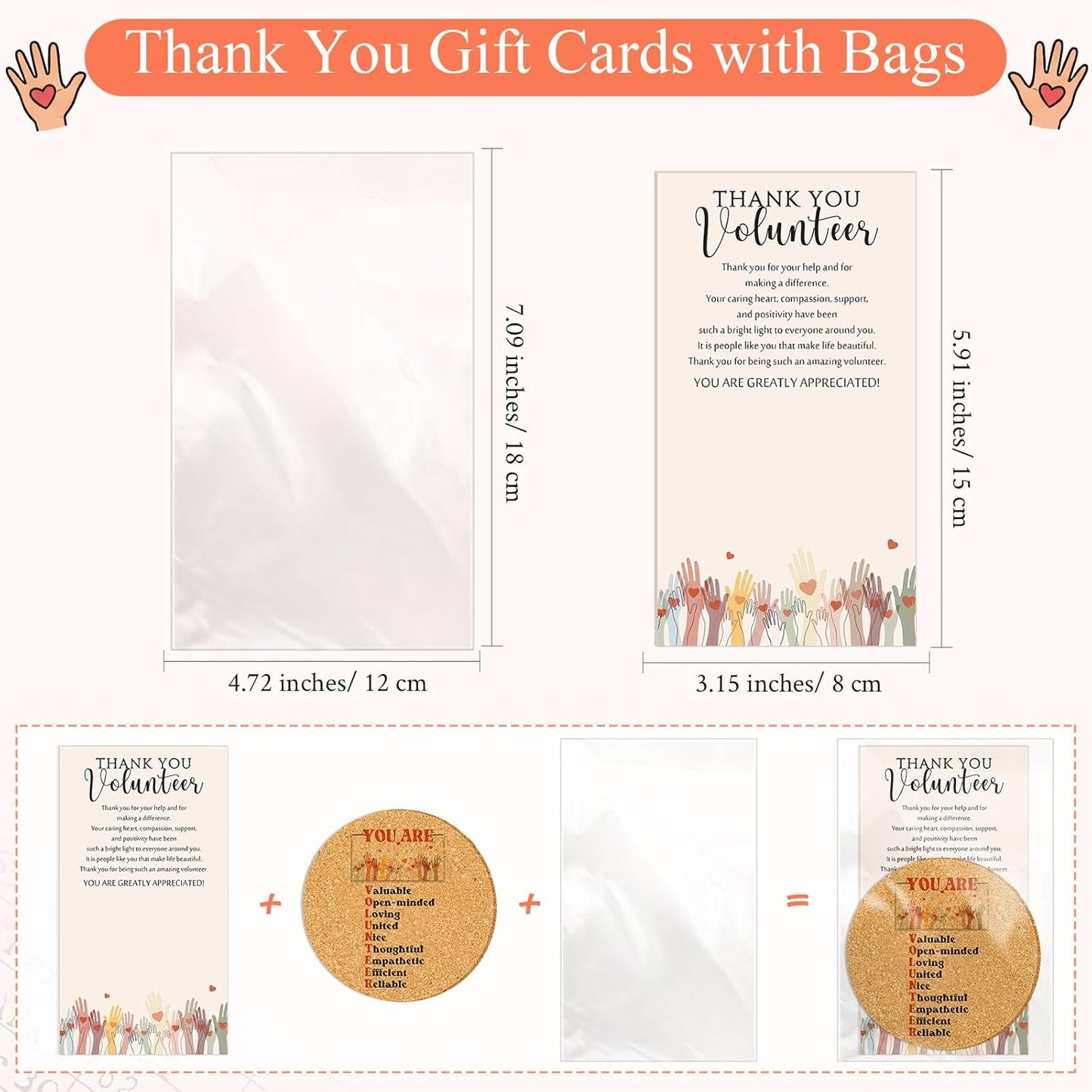 Juegos de regalos de agradecimiento para voluntarios con posavasos de corcho y tarjetas