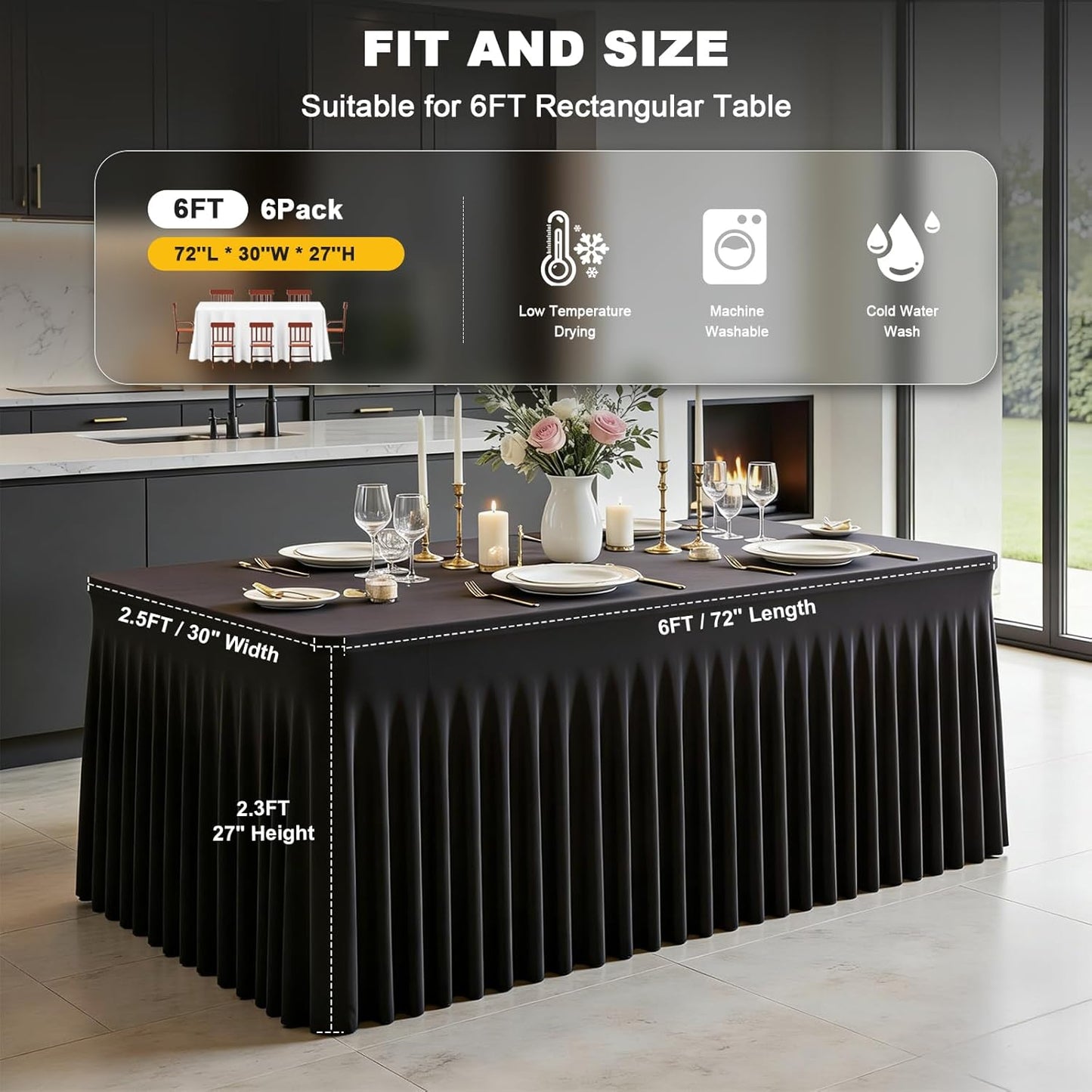 Mantel elastano mesas rectangulares 6ft set 6 negro sin arrugas