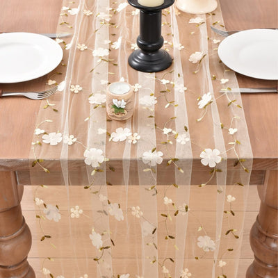 Camino de mesa beige con bordado floral 10 pies para decorar mesas
