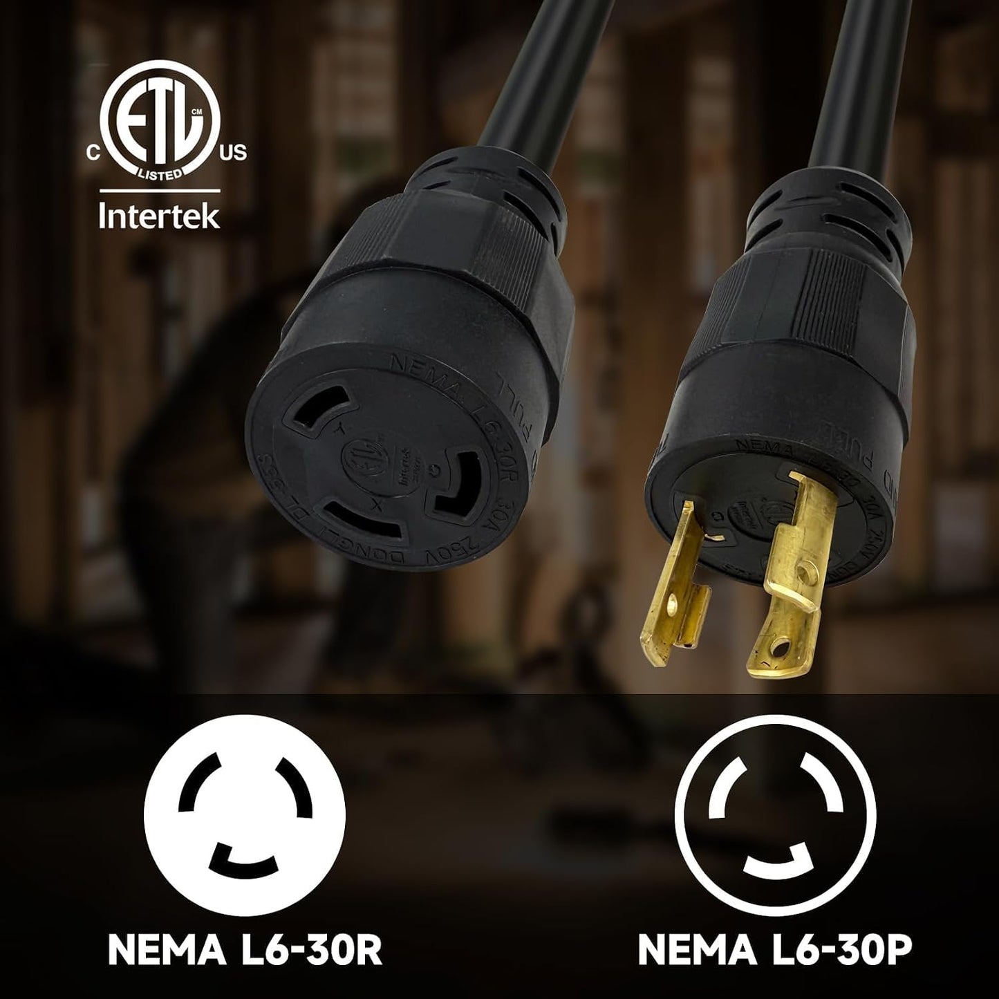 Cable extensión generador 30A 250V NEMA L6-30P/R negro