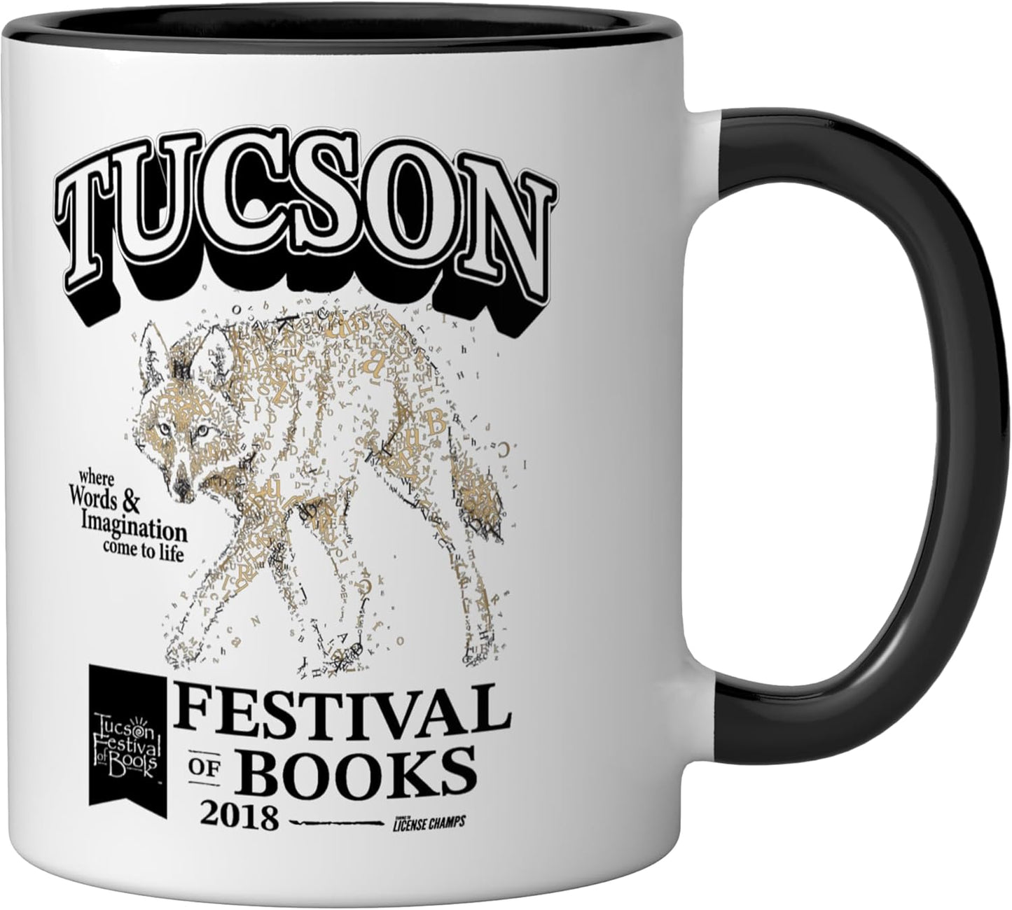Taza cerámica TFOB 2018 con mascota coyote negro/blanco