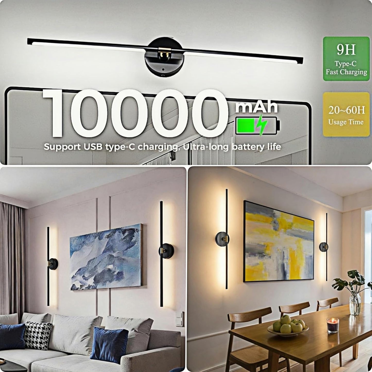 Lámpara pared inalámbrica 10000mAh set 2 control tactil 31.5pulg negro